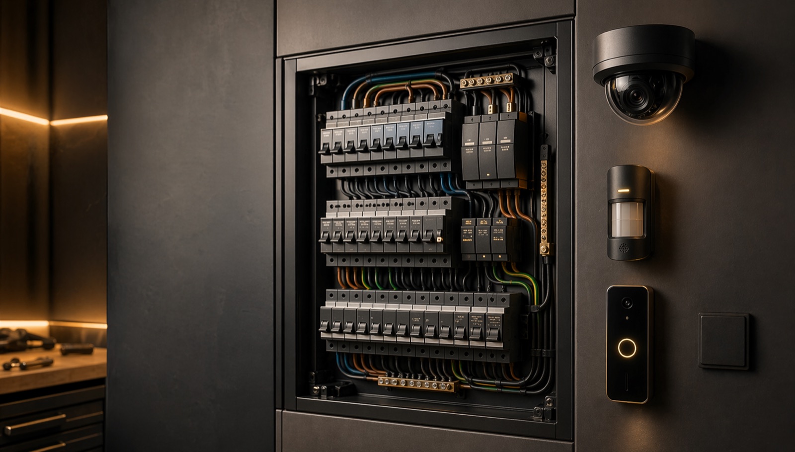Installation électrique et sécurité moderne dans un intérieur professionnel